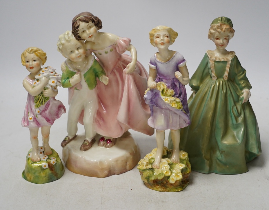 Four Worcester Doughty figurines including 'The First Cuckoo', 'Sister' and 'Grandmothers Dress', 18cm high. Condition - good